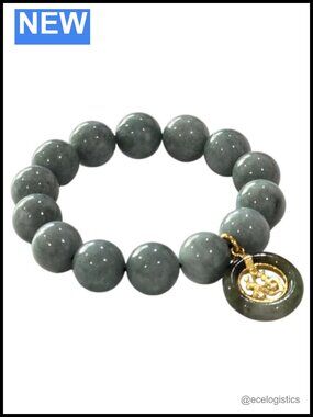 14.2mm Green Jade Bead Stretch Bracelet with Ji Fu Charm for Reiki Healing